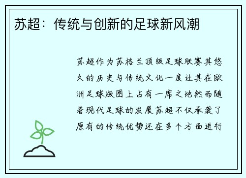 苏超：传统与创新的足球新风潮